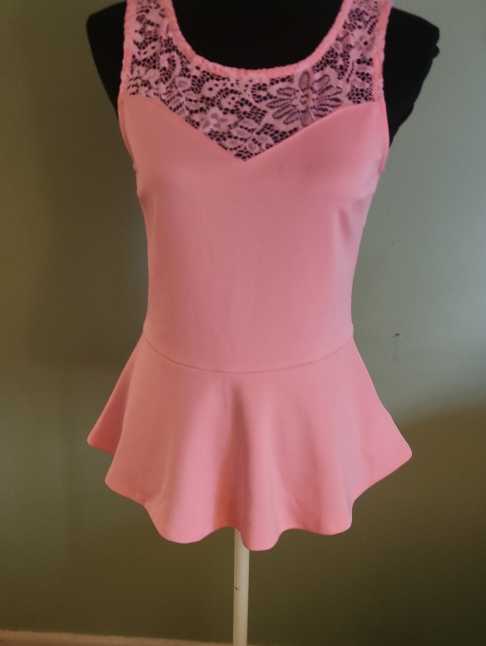 Divided Pink Lace Yoke Peplum Tank